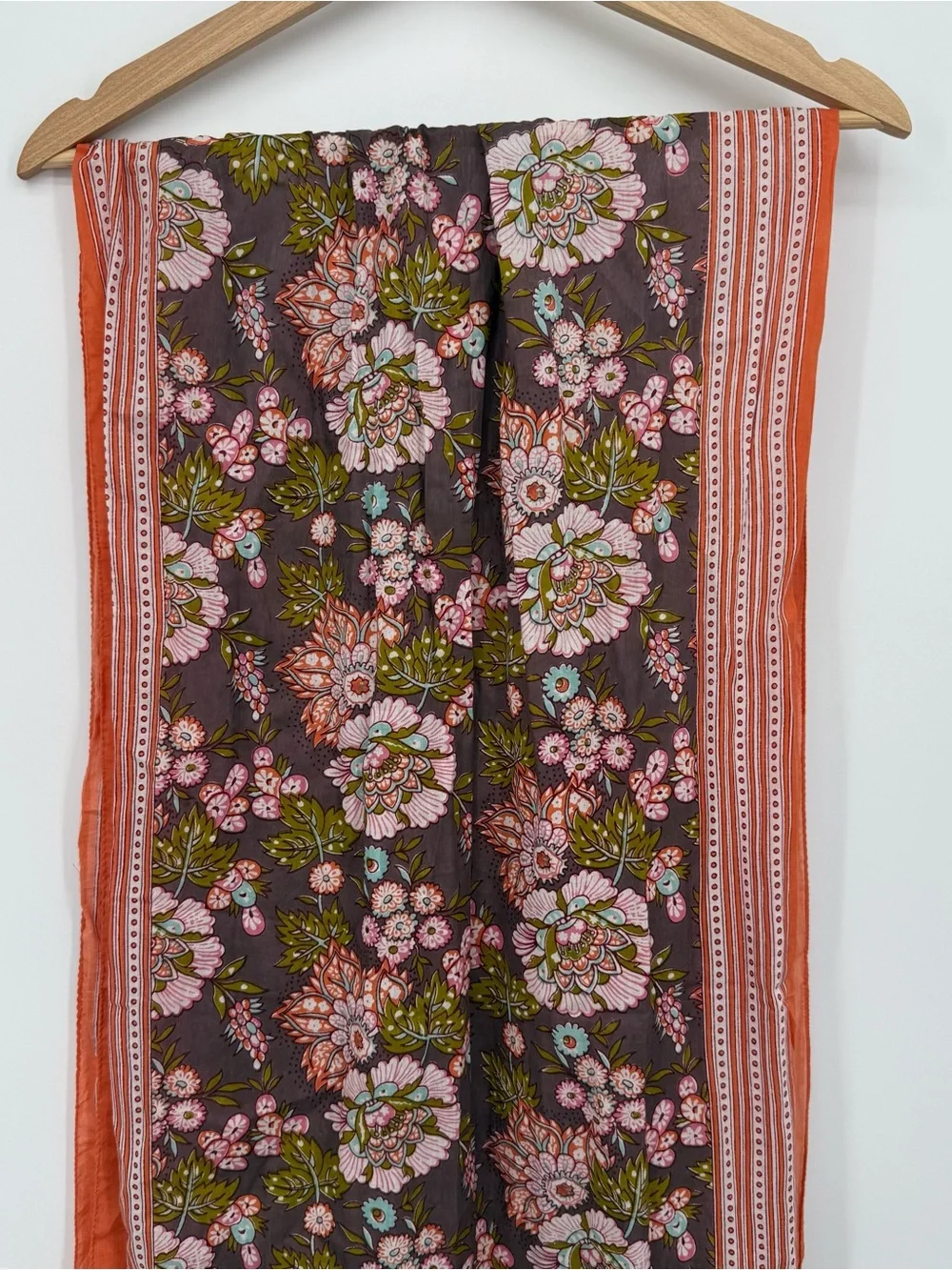 Brown Floral Print Scarf Long Beaded Fringe Boho Wrap Accessory Orange